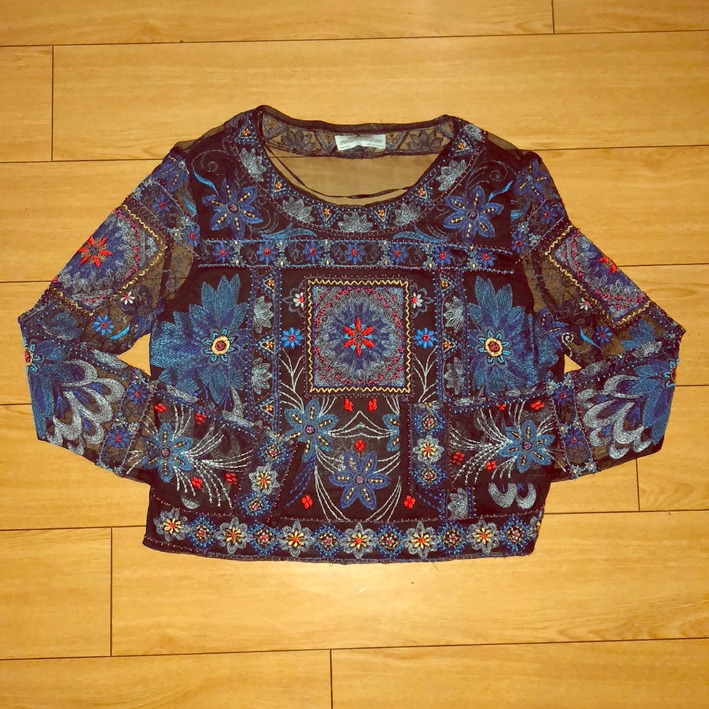 Sheer Beaded Pattern Crop Top